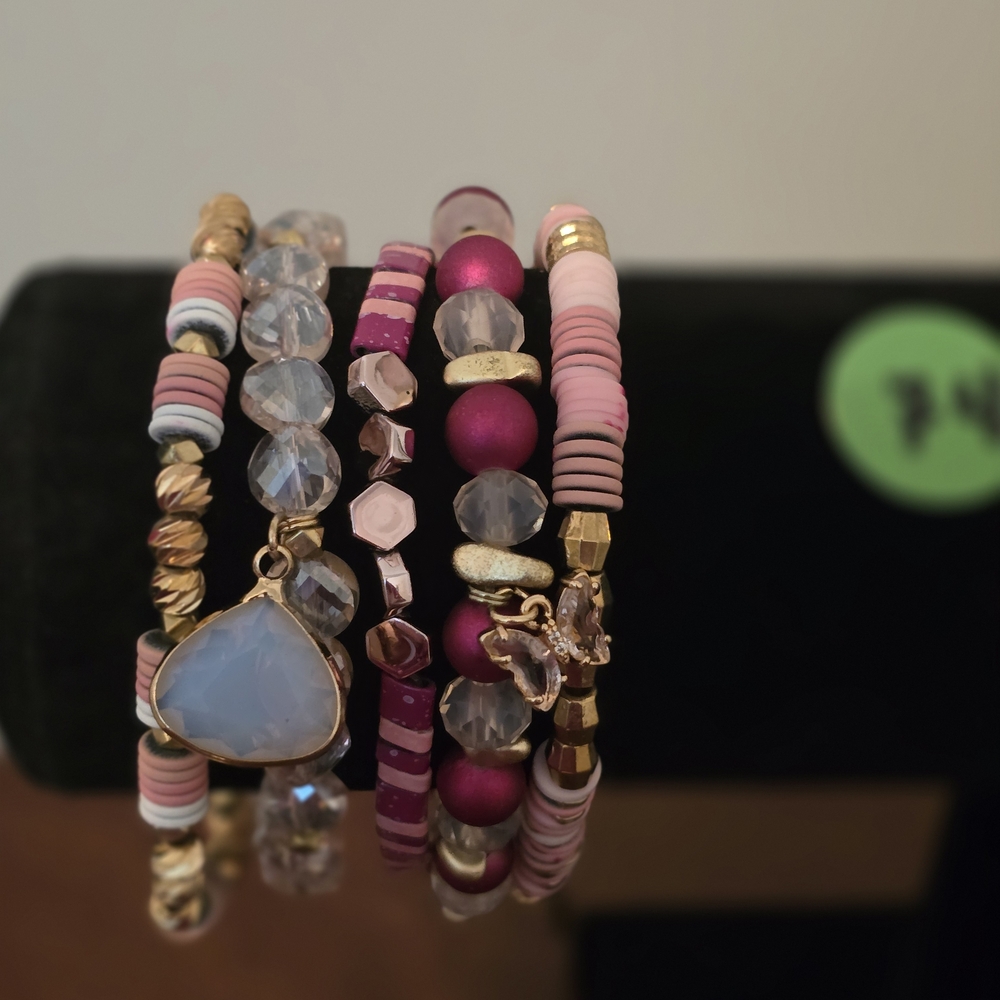 Erimish Pink and Gold Layered Extended Beaded Bracelet Stack (NWOT)